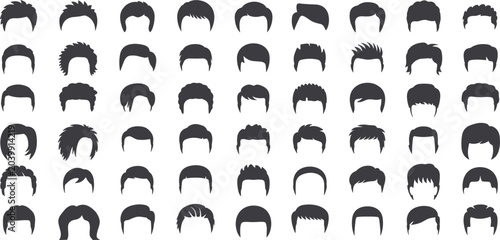 Collection of Black Silhouettes of Various Men's Hairstyles on White Background men hairstyles male haircuts
