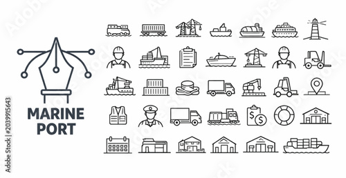 Marine Port Icons Set Collection Featuring Harbor Shipping Logistics and Maritime Transportation Symbols