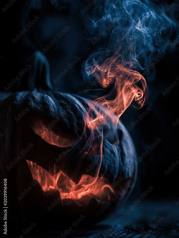 Fototapeta premium An artistic macro shot of the smoke curling from a just-snuffed candle inside a Jack-o'-lantern, dynamic motion