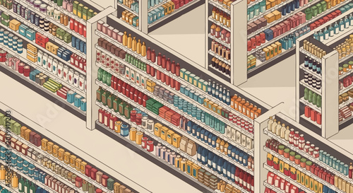 Tableau sur toile A colorful illustration of grocery store shelves stocked with various products