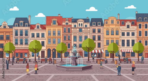 Canvastavla Charming European Town Square with Fountain and Colorful Buildings, People Strol