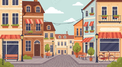 Bild auf Leinwand Charming European Street Scene with Colorful Buildings, Cobblestone Road, and Bi