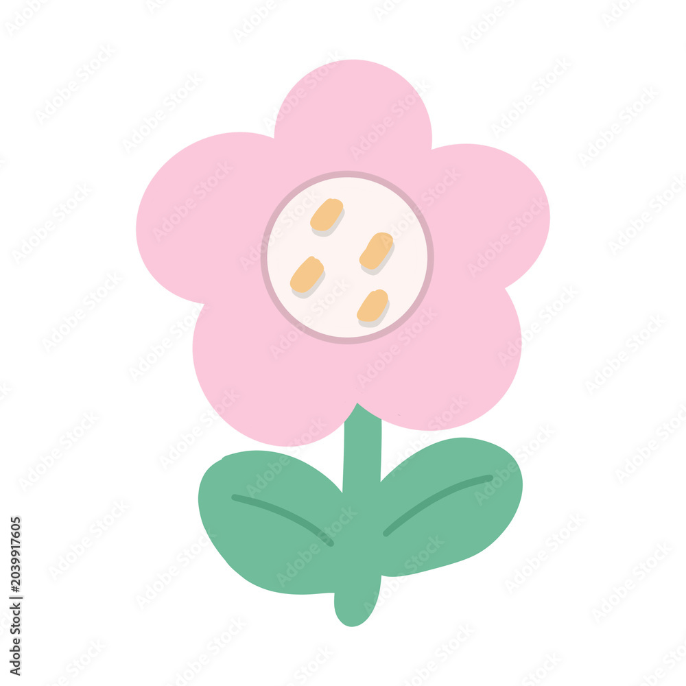 Fototapeta premium Pastel pink flower clipart with green leaves, simple hand drawn style, isolated floral illustration for spring, nursery decor, stickers, and digital design. 
