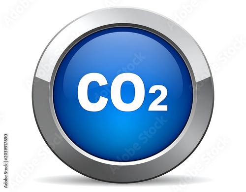 Round blue button with metallic frame.  CO2