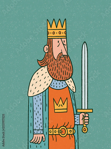 A cartoon king with a red beard, crown, and sword stands against a teal background.