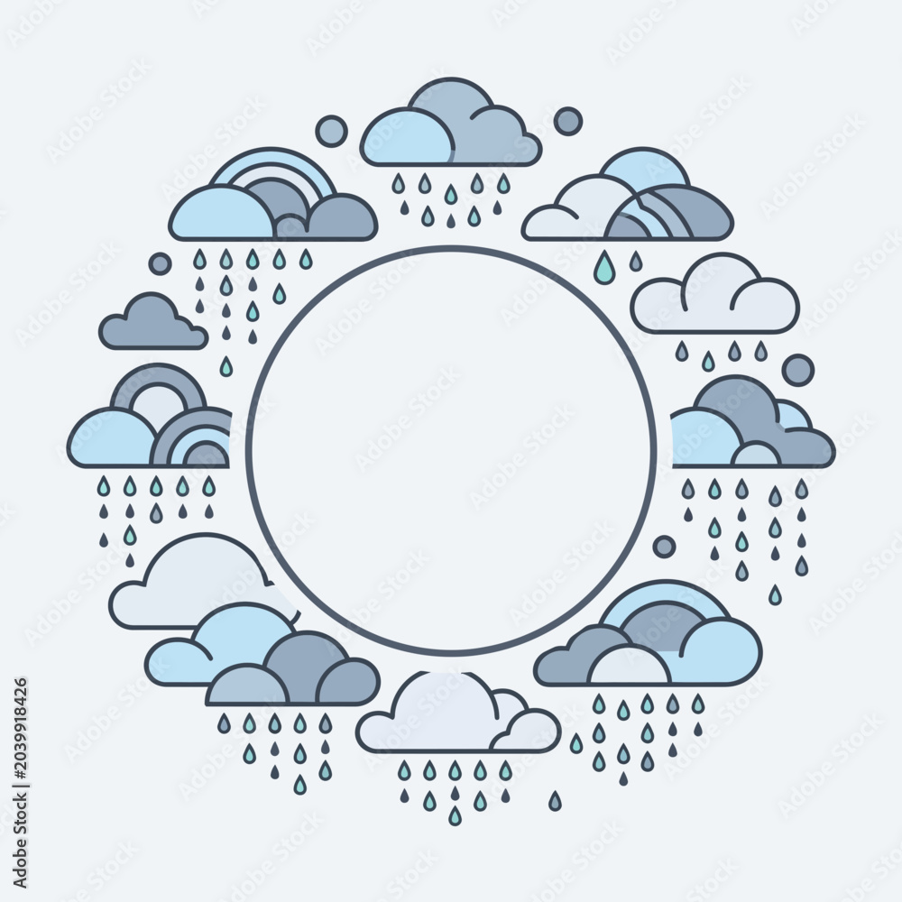 Fototapeta premium Circular Weather Frame with Rain Clouds and Rainbows for Climate Awareness and Meteorology Design, Flexible Layout with Copy Space for Text and Logos, Minimalism Style