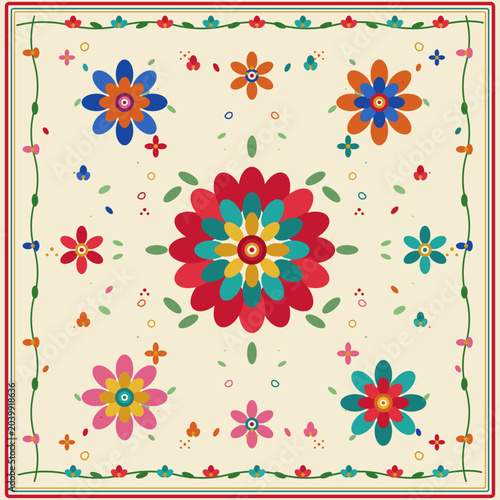 Colorful Folk Floral Mandala Square Textile Design Boho Scarf Bandana Vector Illustration