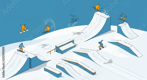 Foto Snowboarders performing tricks on a ski slope.