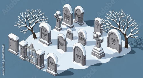 Fotografie Snowy graveyard with bare trees.