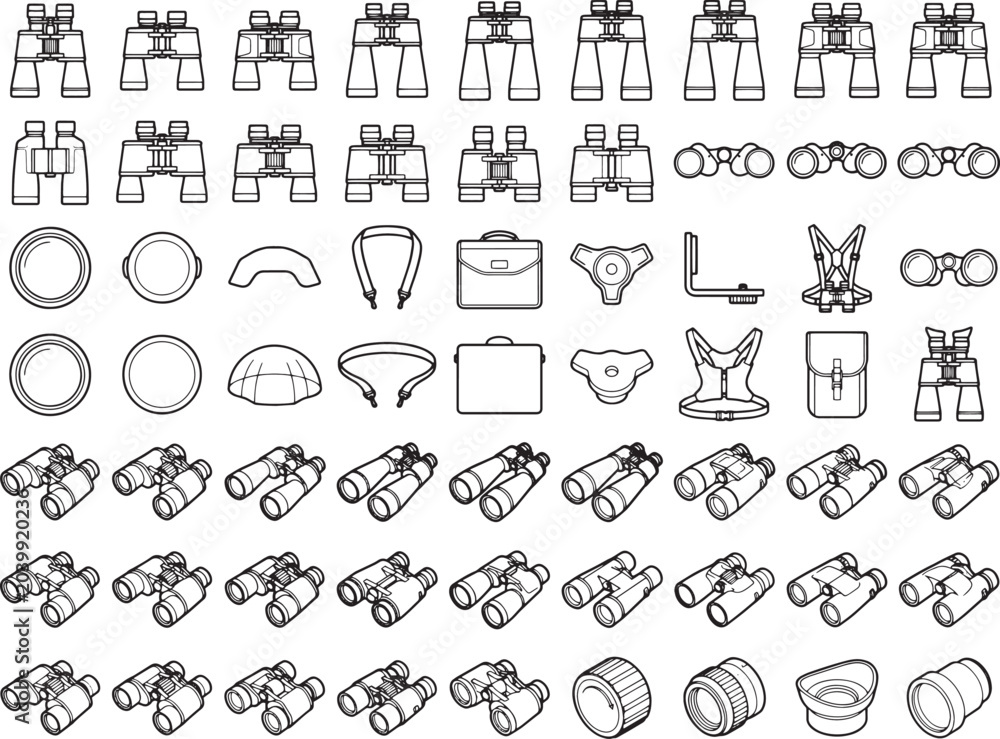 Fototapeta premium An assortment of various binoculars and related accessories are displayed in a clean, organized graphic illustration, showcasing a collection of optical equipment.