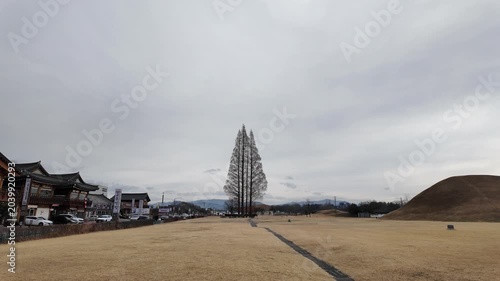 Minimalist View of Daereungwon Royal Tombs and Hanok Village Street, South Korea
