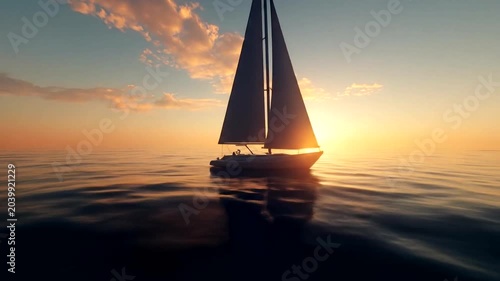 Sailboat sailing on calm ocean waters at sunset with golden sun rays reflecting on the water.