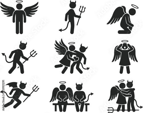 Canvastavla Angel and devil stick figure icons, set of 9 black vector pictograms representin