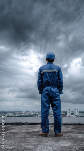 Worker standing proudly finished building construction site blue uniform helmet worker standing proudly finished building wearing blue uniform and helmet looking city skyline dramatic cloudy sky