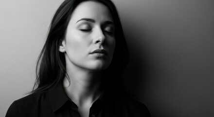 Black and white portrait of a young woman with eyes closed in contemplation and peace