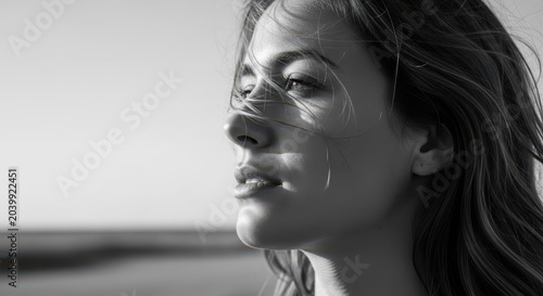 Close-up Black and White Portrait of a Young Woman with Windblown Hair Gazing into the Distance