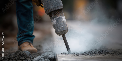 Construction worker using heavy jackhammer breaking concrete pavement, dust and debris flying, close up of tool and boot, outdoor urban worksite, intense action