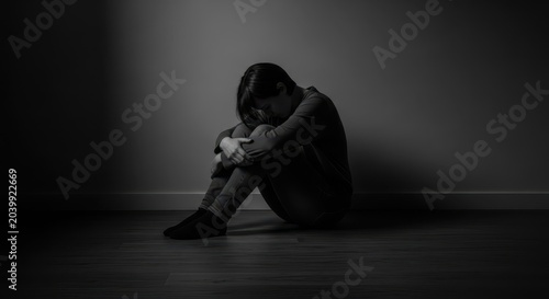 Isolated Figure in Shadow Embracing Knees in Somber Black and White Tones