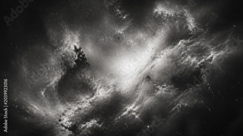 Dramatic black and white cosmic nebula abstract space background.
