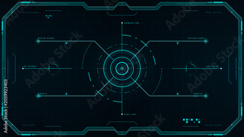 Photography Futuristic cyan targeting HUD interface with central circular reticle, coordinat