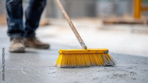 Worker using yellow broom to create textured broom finish on fresh concrete surface, outdoor construction site, close up, focus on tool and texture, professional technique, industrial setting