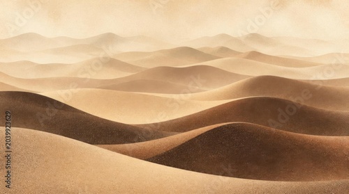 Rolling sand dunes in a vast desert landscape under a hazy warm sky.