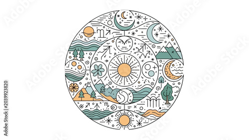 Cuadro en lienzo A vibrant illustration of celestial bodies and mystical symbols in a circular pattern
