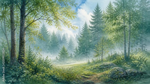 Watercolor painting of a misty forest clearing with pine trees and soft morning light.