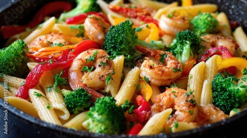 Seasoned shellfish and pasta dish mixed with vibrant vegetables served in a dark pan
