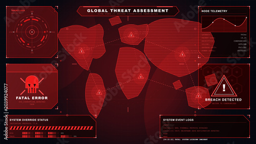 Foto Red cybersecurity threat assessment HUD with world map shapes, target radar, tel