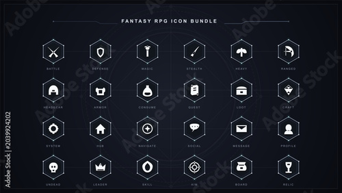 Tableau sur toile Fantasy role playing game icon bundle with white hexagon badges for battle, magi