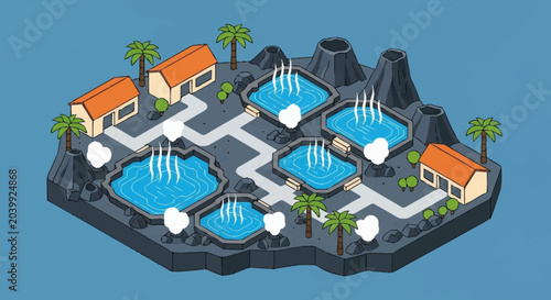 Schilderij op canvas Isometric illustration of a tropical island resort with swimming pools and palm trees