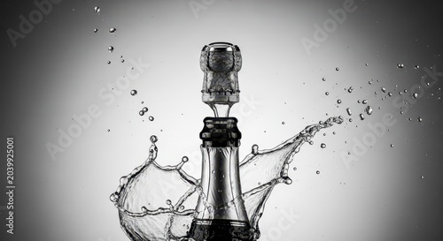Champagne bottle cork pops with a dramatic liquid splash, isolated on a light grey background, capturing a moment of festive celebration