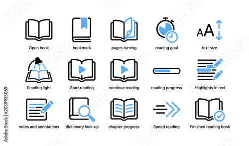 Reading interface and navigation icons arranged in grid