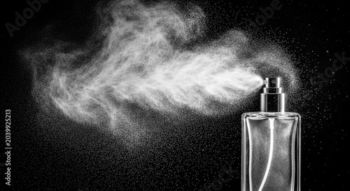 Elegant glass perfume bottle spraying fine mist on a dark background, creating a luxurious aromatic experience.