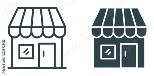 Schilderij op canvas Shop Icons: A pair of simple vector icons depicting a shop facade with an awning and windows, representing retail and commerce