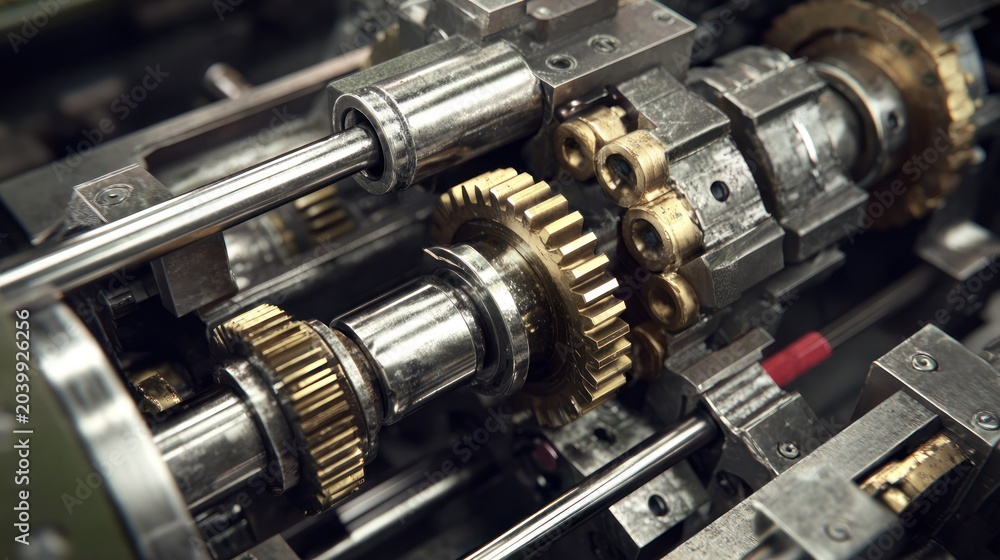 Naklejka premium Intricate assembly of metallic gears and moving mechanical components shows precision engineering.