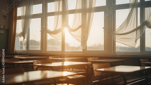Warm sunlight streams through classroom windows, illuminating empty desks and light curtains.