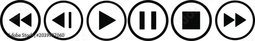 Photos Set of black media player control buttons featuring play pause stop and skip fun