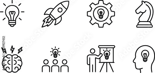 Fotografie Minimalist black outline business innovation icon set featuring lightbulb rocket