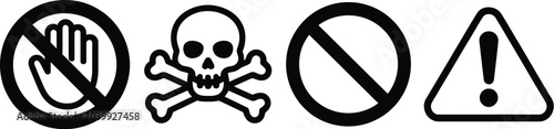 Cuadro en lienzo Set of black outline warning icons featuring stop hand no entry skull and crossb