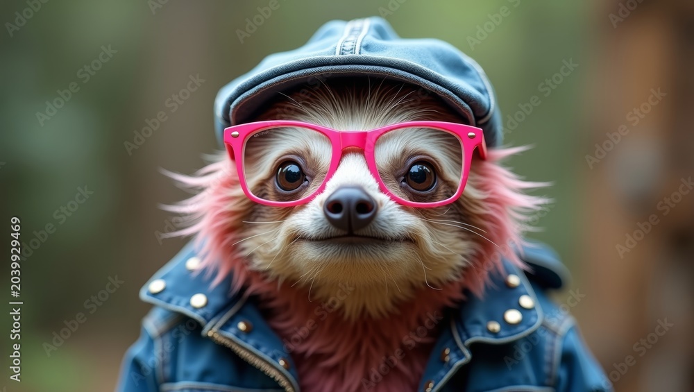 Fototapeta premium Sloth wearing pink glasses and denim jacket poses for a portrait in a natural outdoor setting with blurred greenery in the background