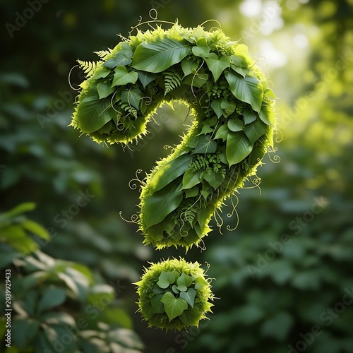 Large Green Question Mark Made of Leaves in Forest