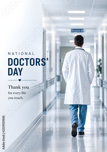 National doctors day banner featuring physician walking down bright hospital hallway, physician