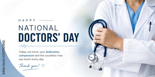 National doctors day greeting with doctor in white coat holding stethoscope, medicine