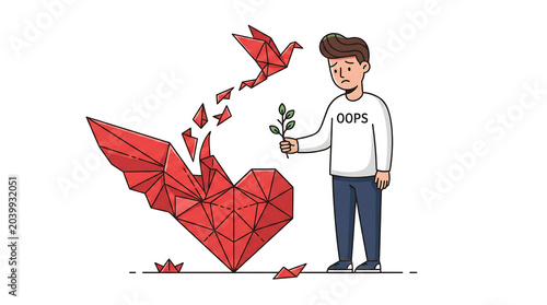 Creative person holding origami heart with birds flying in artistic studio environment filled with vibrant inspiration