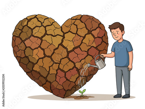 Gentleman nurturing cracked heart shape with watering can symbolizing care and healing in artistic illustration