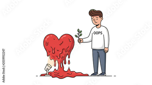 Broken hearted man holding shattered love symbol with blood drops in emotional illustration style