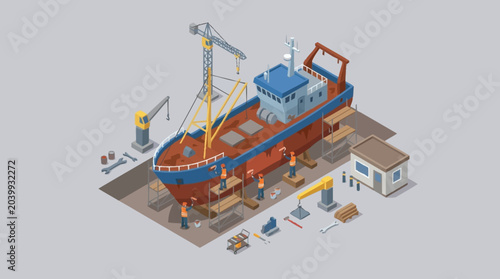 Isometric illustration of a ship under construction.