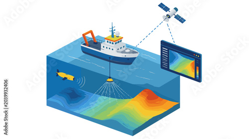 Modern blue vessel depicted as ship with navigational features and satellite elements.